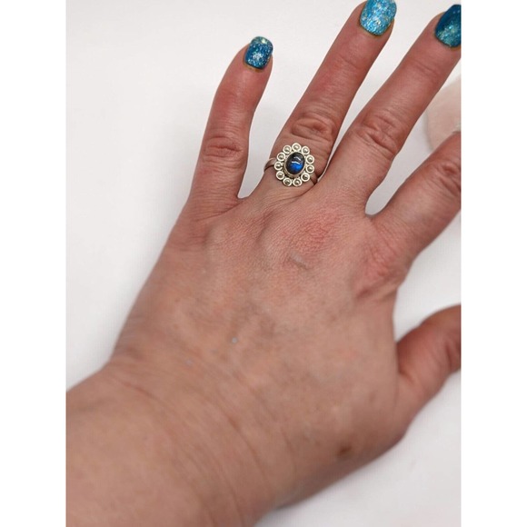 Sterling Silver Ring Size 7 Blue Fire Labradorite 925 Jewelry Flower Natural Cab - Picture 2 of 8